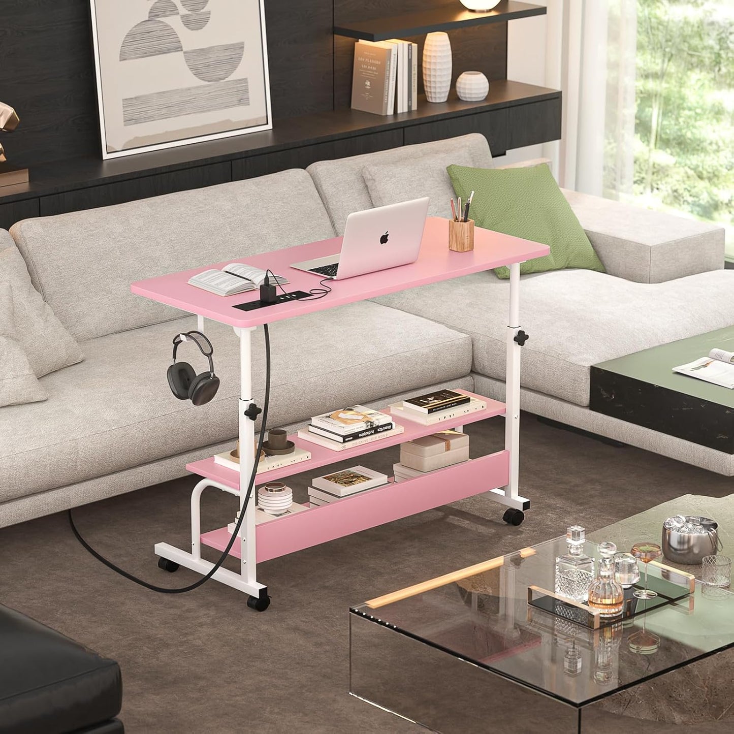 Armocity Rolling Standing Desk with Charging Station, Portable Height Adjustable Mobile Computer Desk with Wheels & 2-Tier Shelves & Hooks, Easy Assembly Laptop Table for Couch Bed, 32" Pink