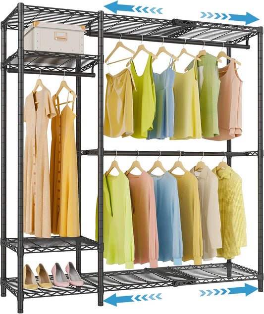 VIPEK X20 Expandable Metal Clothing Rack Adjustable from 3'3" to 4'8" Heavy Duty Garment Racks with Adjustable Shelves and Hanger Rods Portable Wardrobe Open Closet Rack System, Black