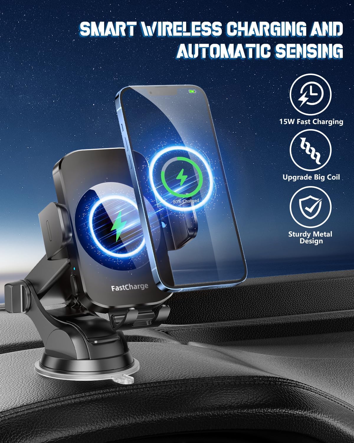 BothLin 3-in-1 Wireless Car Charger Mount, 15W Fast Charging Auto-Clamping Phone Holder for iPhone 17 16 15 14, Samsung Galaxy S24 S23, Dashboard, Vent & Windshield Car Mount(Black)