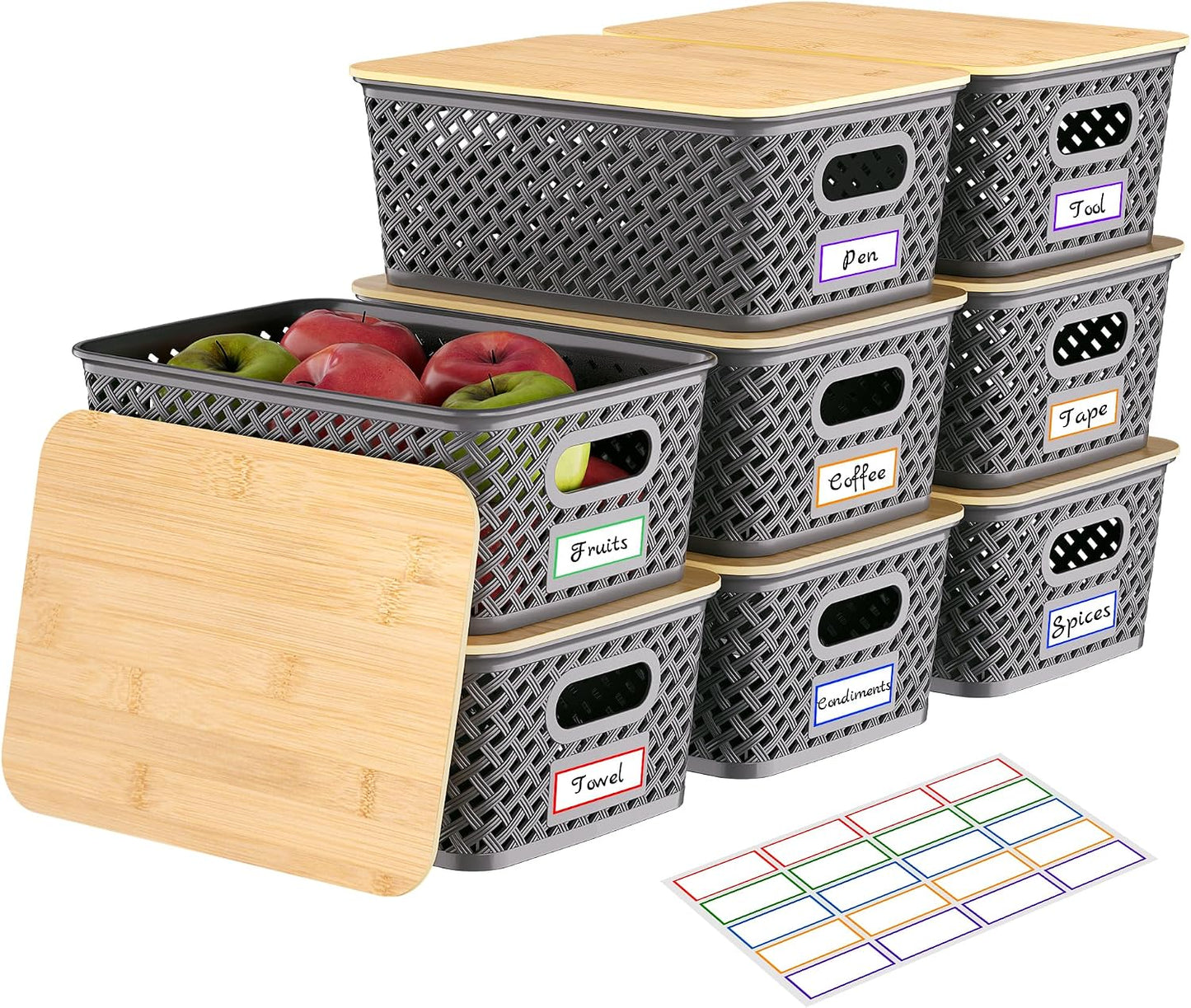 Anysig 8 Pack Plastic Storage Bins with Bamboo Lids, 5.2 QT Stackable Bins