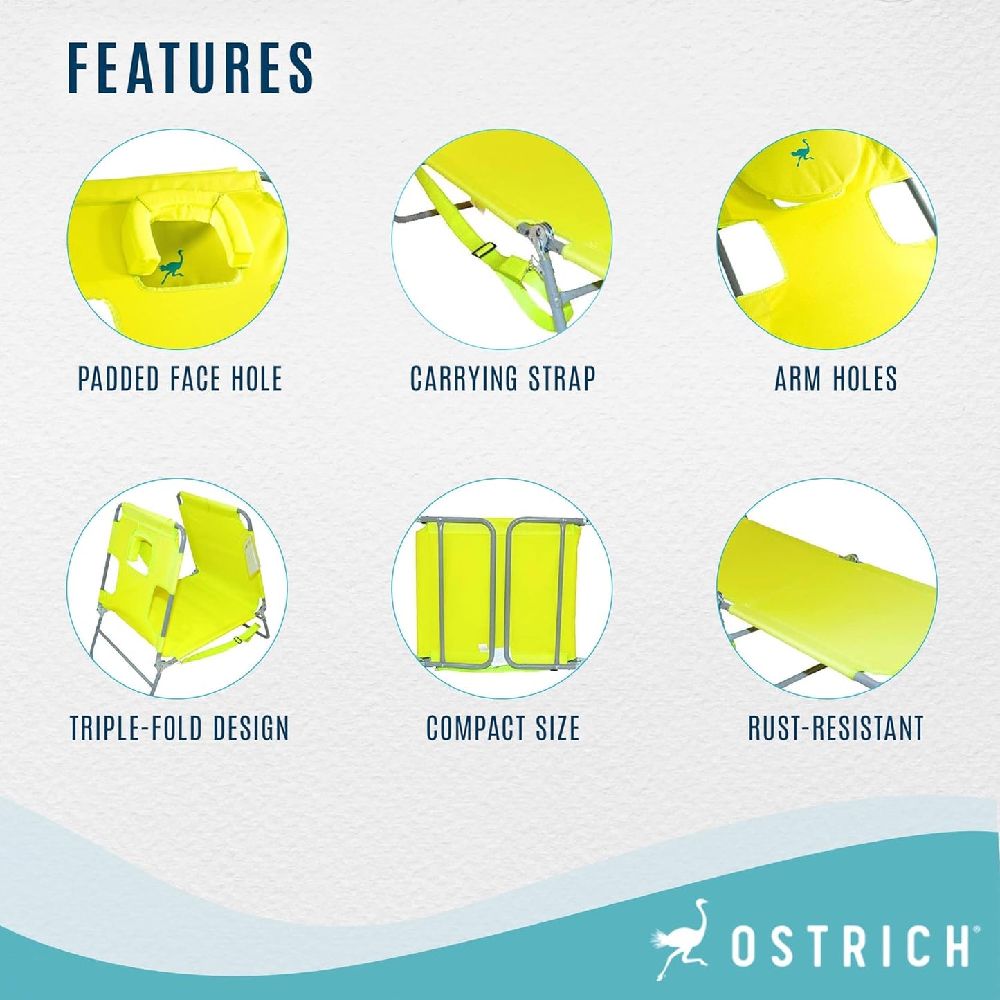 Ostrich the Original Chaise 72 x 22 Inch Lounge Portable Reclining Lounger, Outdoor Patio, Beach, Lawn, Camping, or Pool Tanning Chair, Lime Green