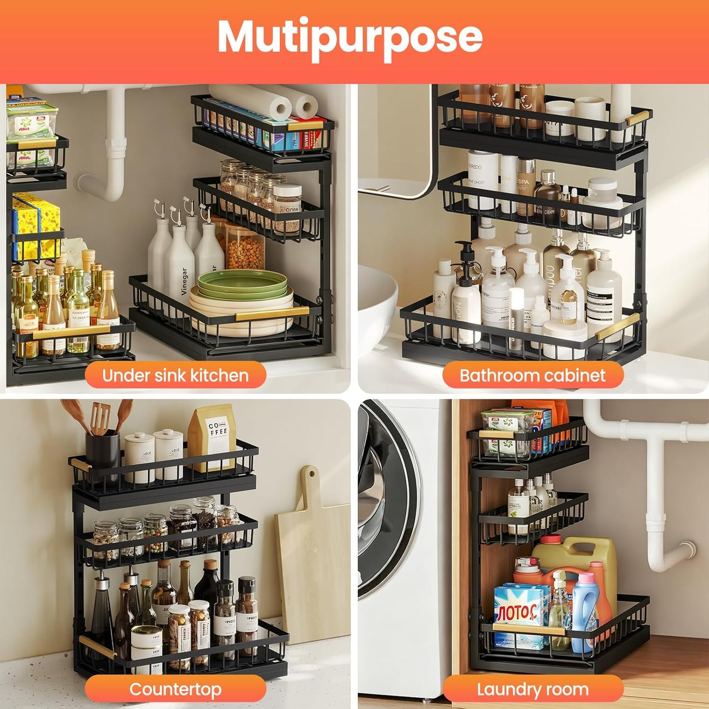 Under Sink Organizer and Storage for Bathroom and Kitchen - 2 Pack 3 Tier Under Cabinet Pull Out Shelf Organizers - Slide Out Drawer Organization for Home Cabinets Shelves and Drawers