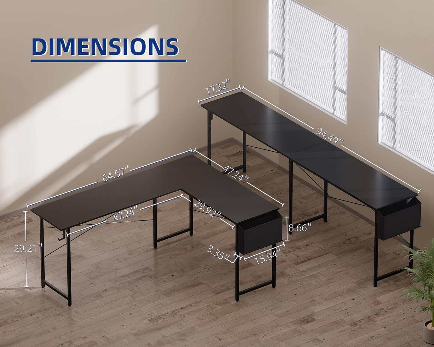 Pamray 64.5 Inch Reversible L Shaped Gaming Desk Large Corner Computer Desk with Storage Bag Home Office Table for Writing Study Vintage