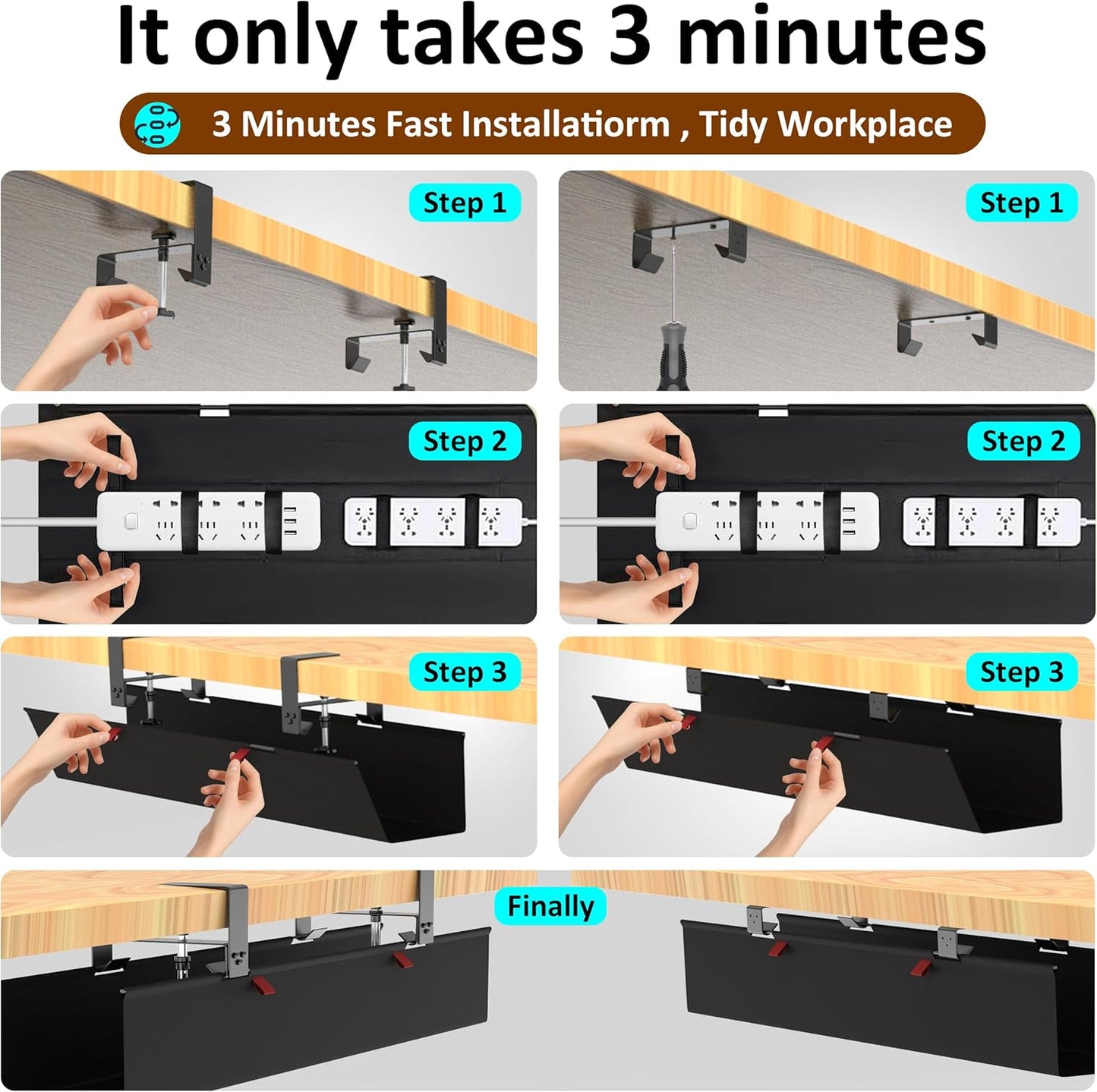 48" Gaming Under Desk Cable Management Tray, Black No Drill Cord Organizer for PC Setup, Large Anti-Sag Wire Hider, Stealth Cable Management Net for Battlestation (Black, 47.8")