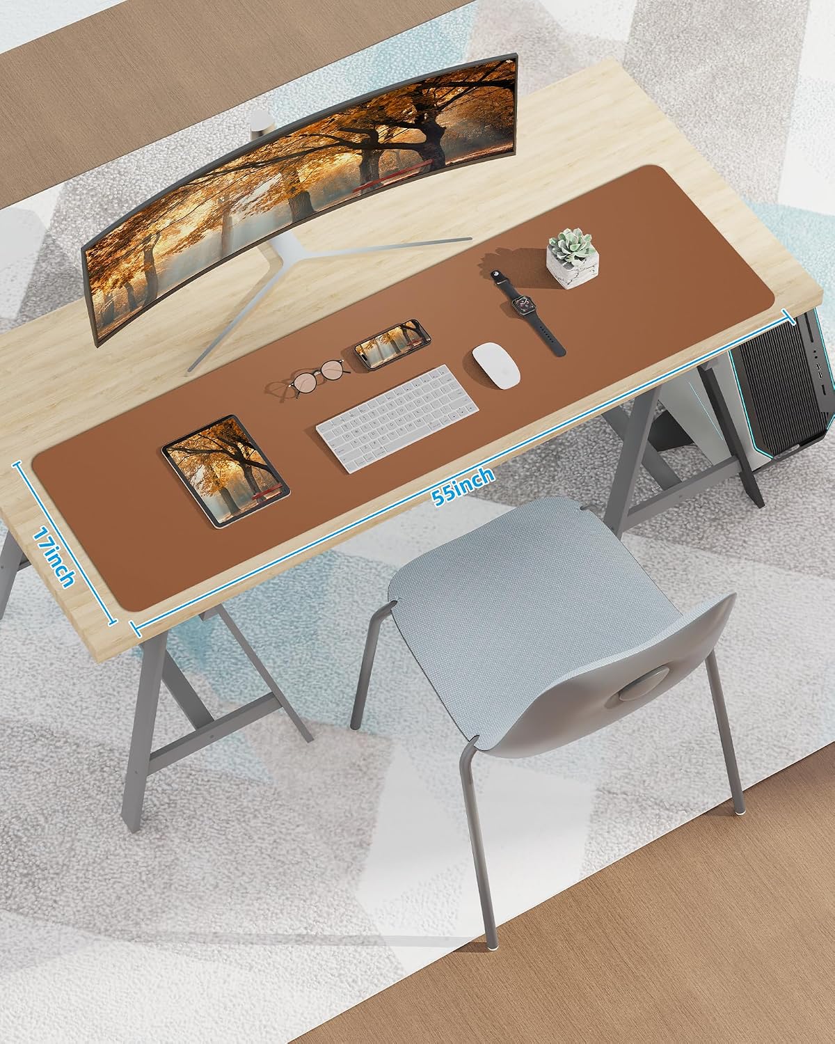 Large Desk Mat 55" x 17"Leather Desk Pad Protector,Mouse Pad,Office Desk Mat, Non-Slip PU Leather Desk Blotter,Waterproof Keyboard mat for Office/Home/Decor (Brown)