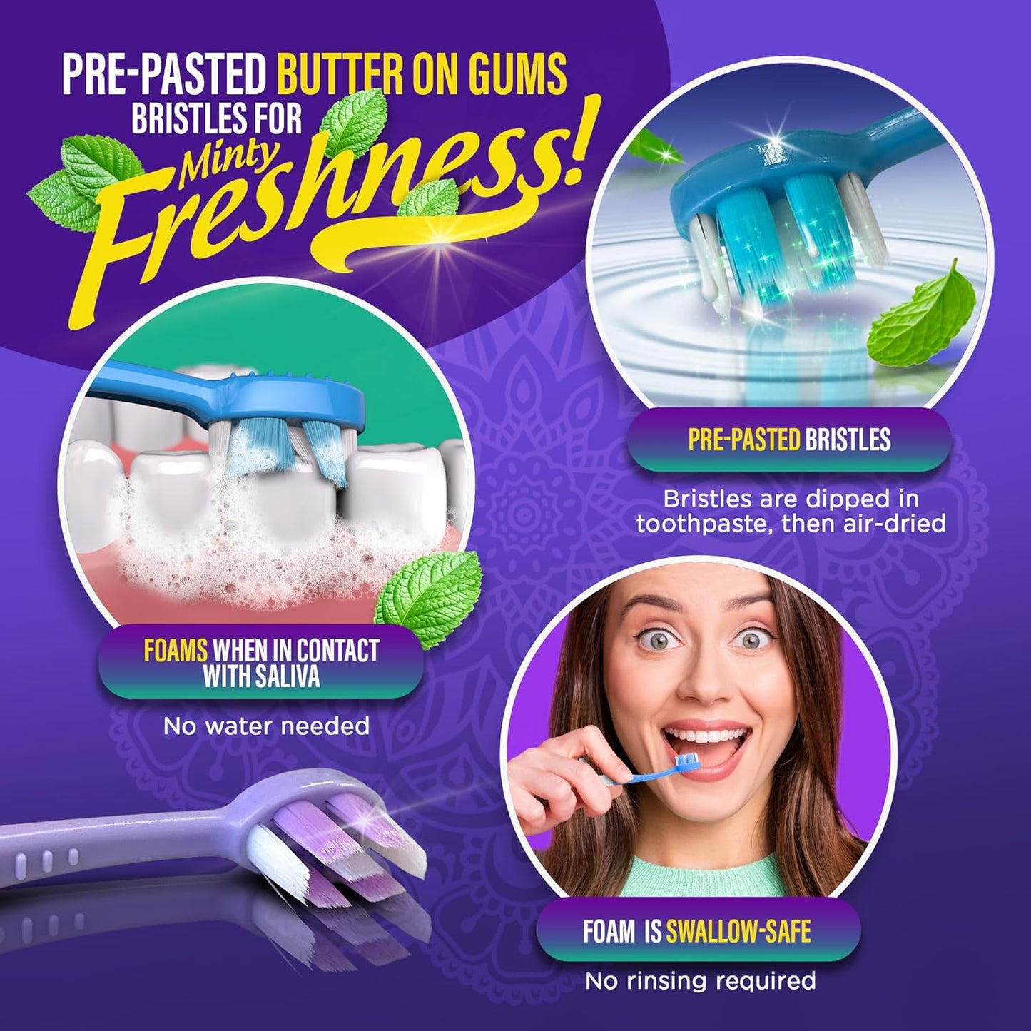 GuruNanda Mini Disposable Toothbrushes with Toothpaste, Tongue Scraper, Floss & Toothpick - 6-in-1 Ready-to-Go Prepasted Travel Toothbrush - Fluoride Free, No Rinsing, Individually Wrapped, 21 Ct