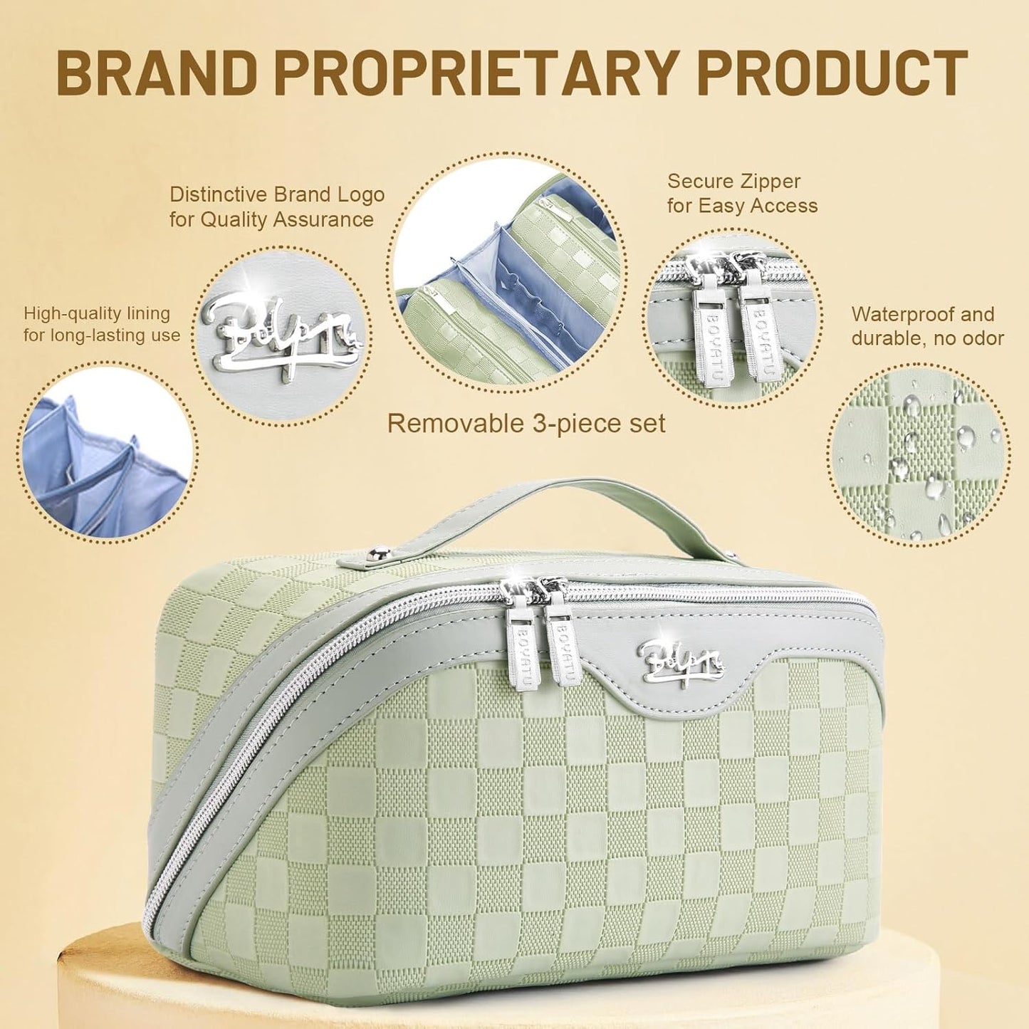 BOYATU Travel Makeup Bag Organizer: 3 Pcs Set Large Capacity Cosmetic Bags Holds 10–20 100ml Full-Size Bottles - 180°Open-Flat Make up Case 3-sec touch-up - Toiletry Bag Gift women (01-D-Green)