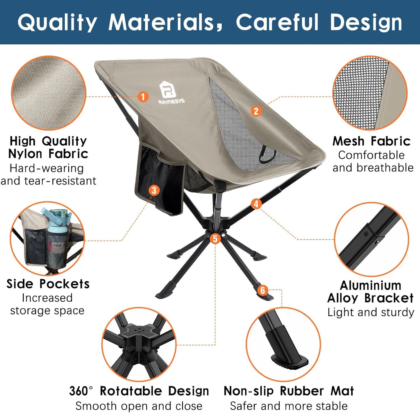 Raynesys Portable Camping Chair 1 Pack, 8 Seconds Quick Setup Folding Camping Chair, Flexible 360° Rotation, 3.8Lb Lightweight Travel Chairs for Easy Carry to Hiking, Sporting, Beach, Khaki