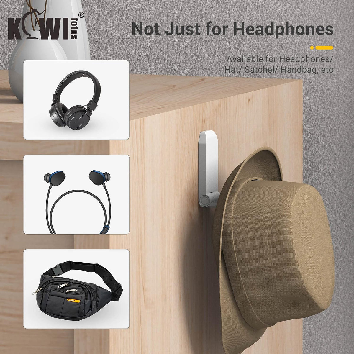 KIWIFOTOS 2 Pack Adhesive Desk Headphone Hanger, PC Gaming Headset Holder Stand, Adhesive Holder Mount for Wall, Foldable Headphones Hook Mount Under Desk - White,Two Pack