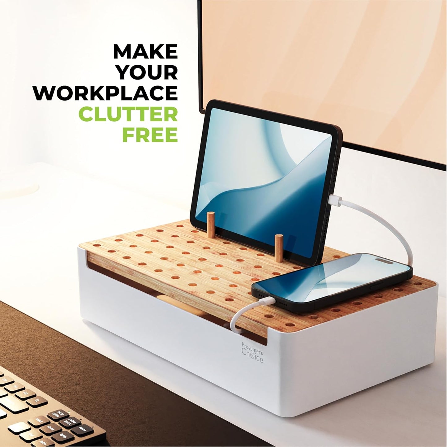 Prosumers Choice Bamboo Charging Station - Multi Charger Station Organizer - Desk Docking Station for Phones, Tablets, Laptop - Wooden Charging Station with Removable Dividers - Cables Not Included