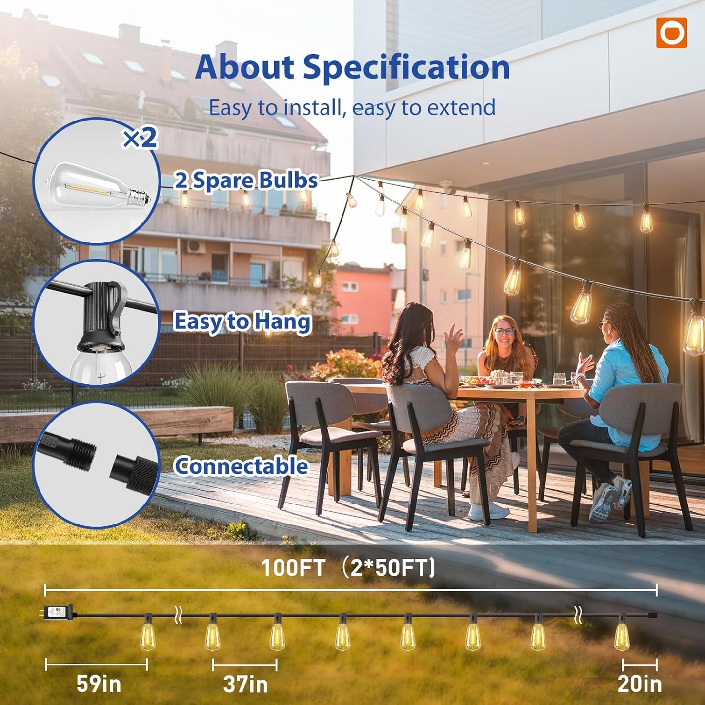 addlon 100FT LED Outdoor String Lights with Remote Waterproof Patio Lights with Shatterproof ST38 Replaceable Bulbs, Dimmable Outside Hanging Light Connectable for Porch, Backyard