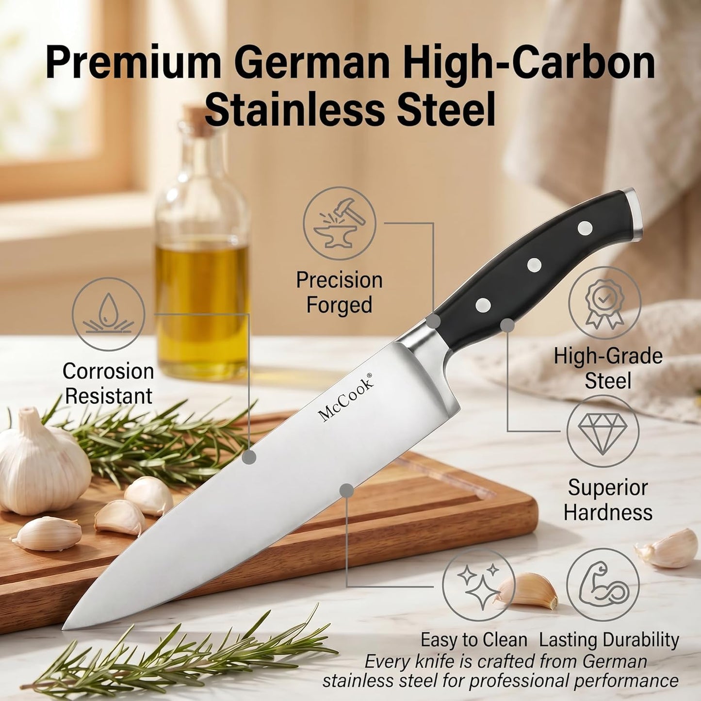 McCook® Knife Sets,German Stainless Steel Kitchen Knife Block Set with Built-in Sharpener