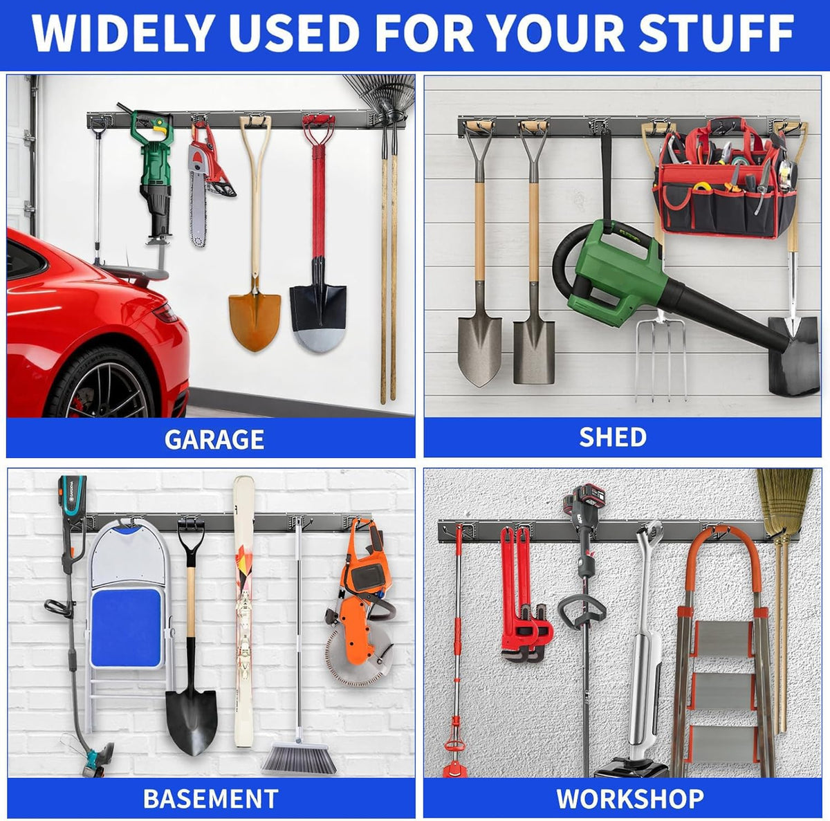 Garage Tool Organizer Wall Mount, 64 Inch Heavy Duty Garden Tool Organizer Storage System, Easy Install with 10 Adjustable Hooks, for Garage, Basement, Shed, Workshop, Black, Steel