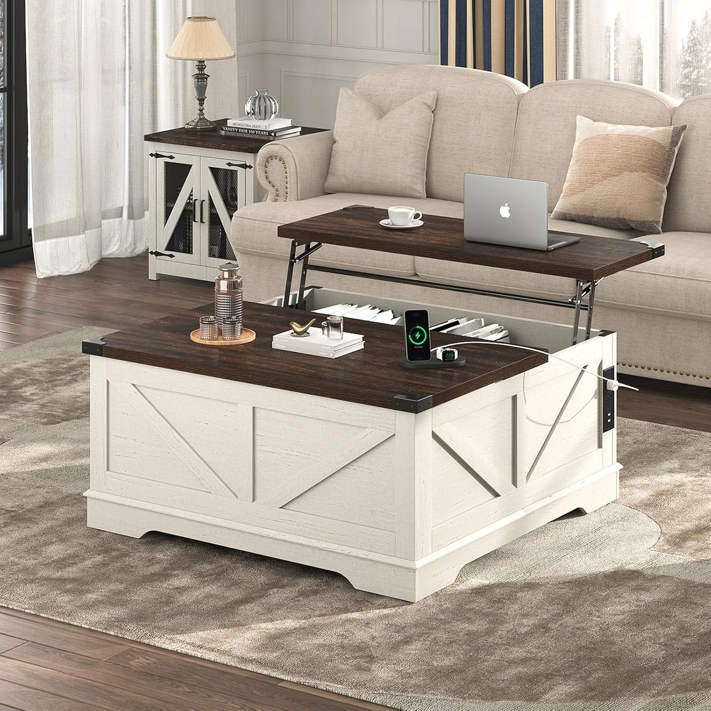 Hlivelood 40” Large Farmhouse Lift Top Coffee Table with Power Outlets and Large Hidden Storage, Square Wood Living Room Tables, Multi-Function Lift Wooden Barn Door Center Table, Rustic White