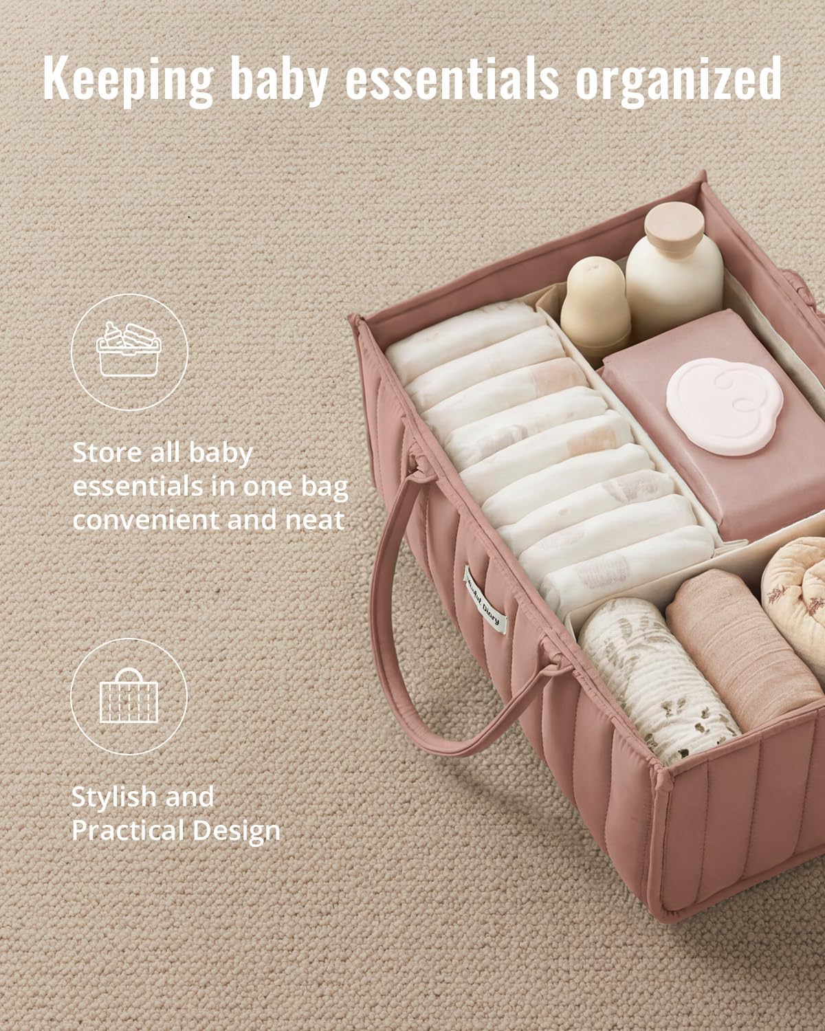 Blissful Diary Baby Diaper Caddy Organizer, Stylish Storage Basket for Newborn Essentials and Diaper Station, Gift for Baby Shower and Registry Must-Have, Blush Pink