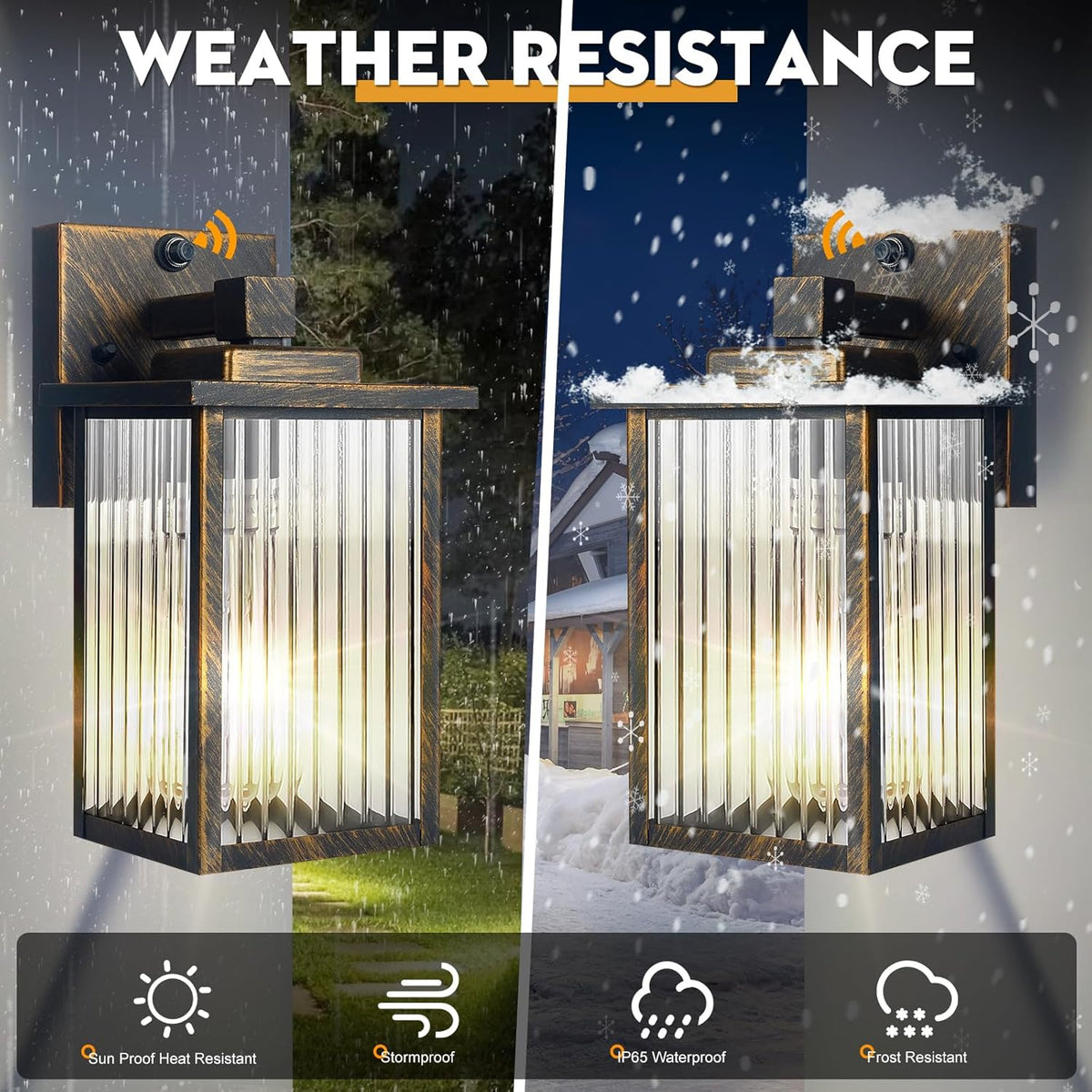 Outdoor Wall Light with Dusk to Dawn Sensor, Waterproof Exterior Light for House Porch and Garage, Black Brush Gold Metal Wall Sconce with Textured Glass