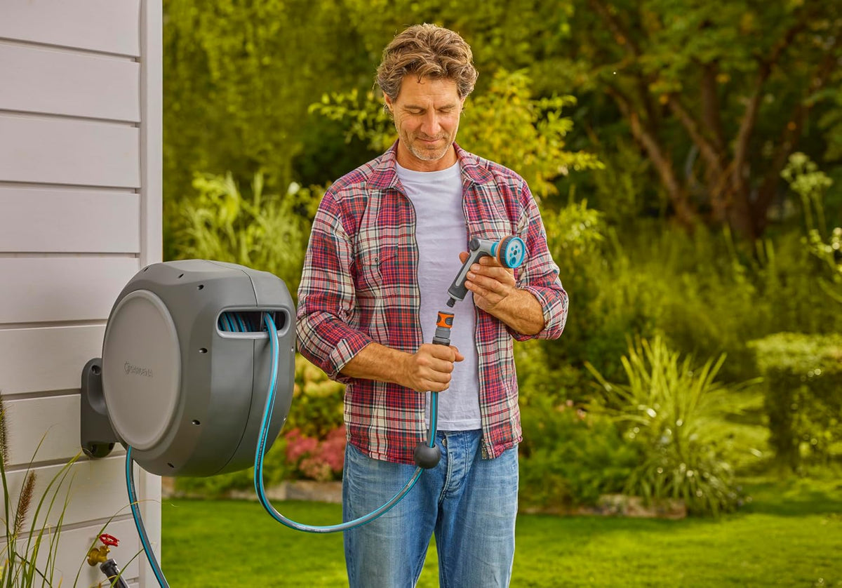 GARDENA Retractable Garden Hose Reel, 50 ft, 180 Degree Wall Mount - 20500