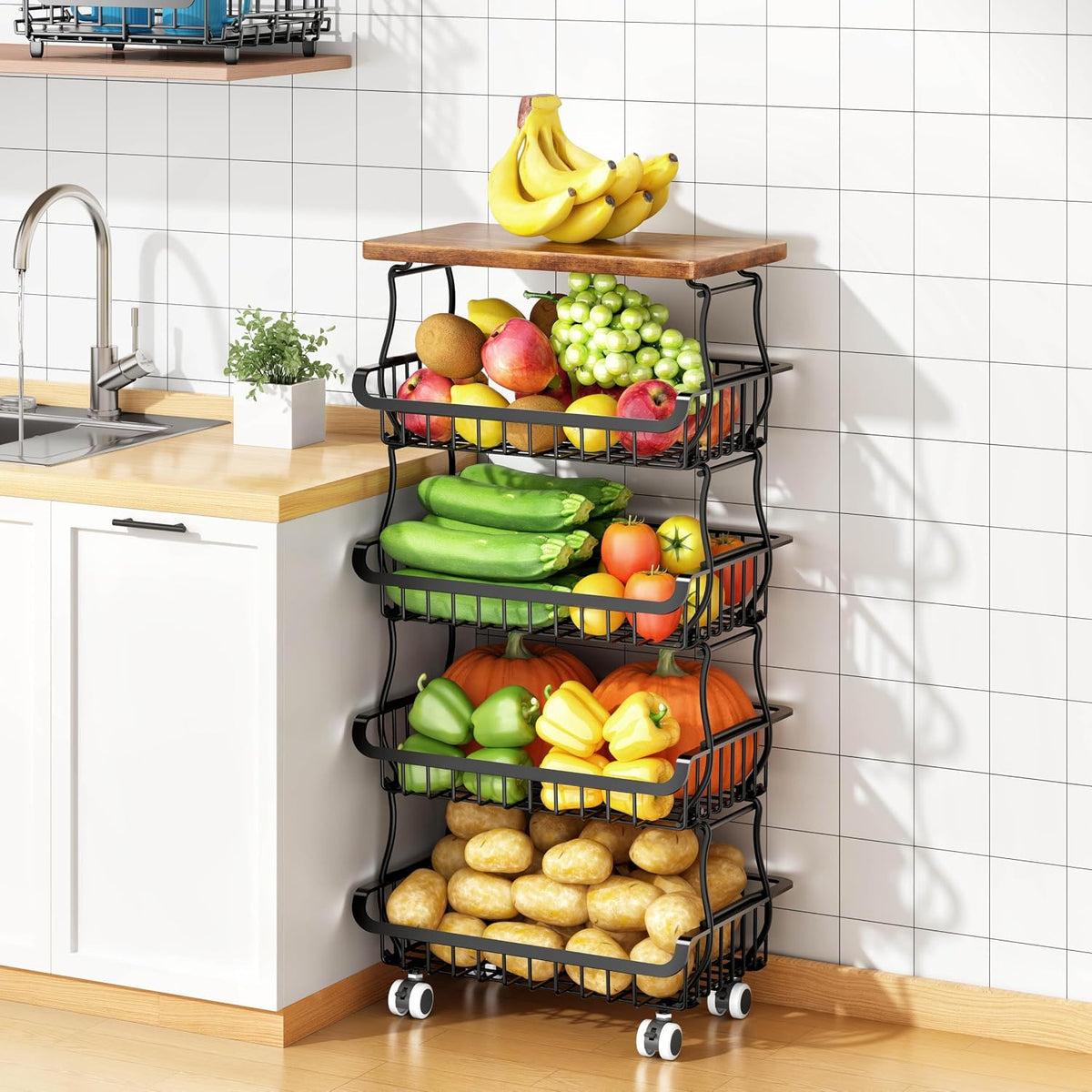 6 Tier Pantry Organizers and Storage Vegetable Fruit Basket for Kitchen, Stackable Flexible Design (3+3, 4+2, 5+1,6+0) Pantry organizers and storage for Kitchen Bathroom Livingroom Laundry Room Cart