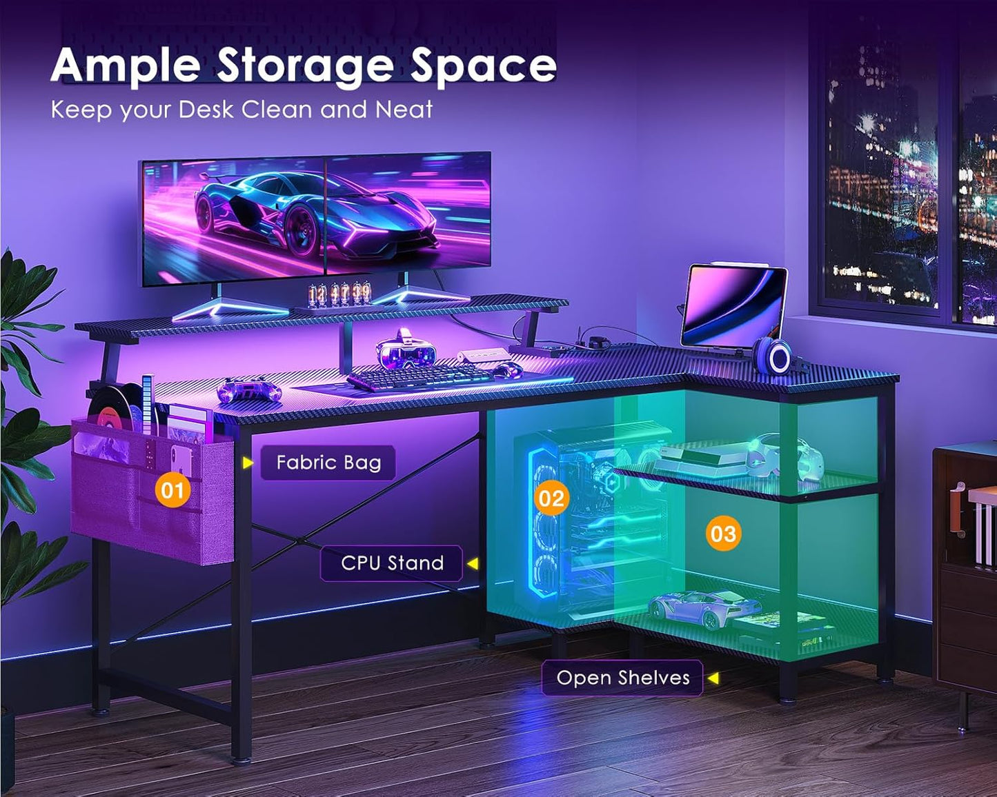 ODK 48 Inch Gaming Desk with USB Charging Ports and LED Lights, Reversible L Shaped Computer Desk with Storage Shelves & Monitor Stand, Corner Gamer Desk Table with Power Outlets, Black