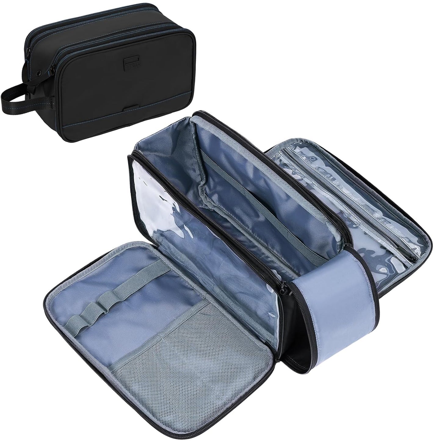 ZEEMO Travel Toiletry Bag for Men, Medium Water-Resistant Double-Sided Full-Open Dopp Kit, Versatile Organizer for Shower and Hygiene Accessories, Bathroom Essentials, Cosmetics, Black and Blue