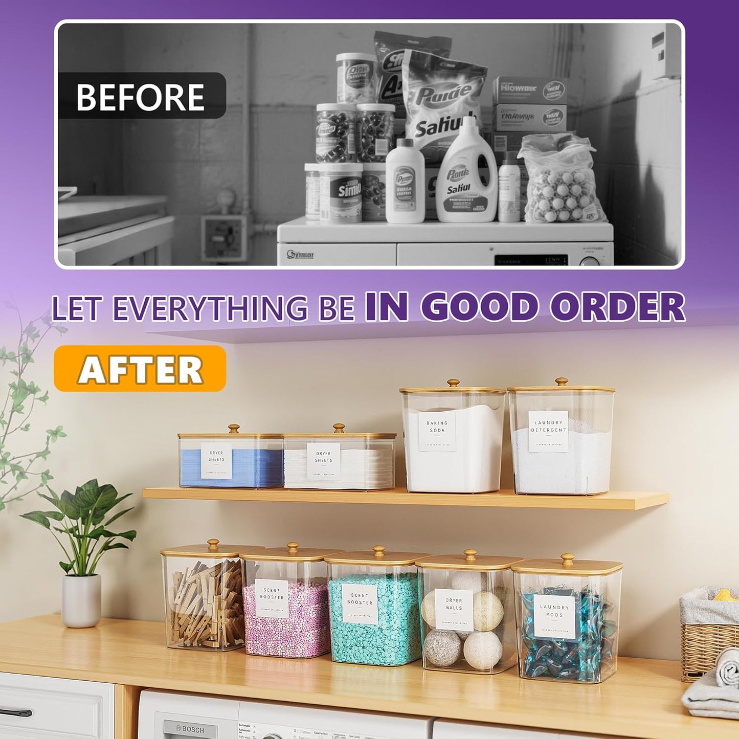 Moforoco 2+1 Pack Bamboo Laundry Pods Container, Clear Laundry Room Organization Containers,Large Laundry Detergent Powder Storage Containers Lids & Labels, for Scent Booster