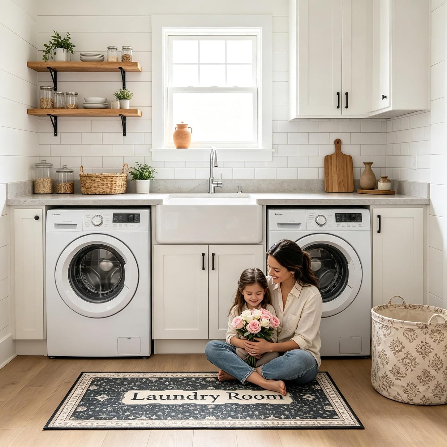Laundry Room Rug 20"x47" – Black Boho Floor Tribal Runner Rug, Non Slip Washable Faux Wool Laundry Mat for Washer Dryer Area, Soft Vintage Low-Pile Farmhouse Runner for Kitchen, Hallway, Bathroom
