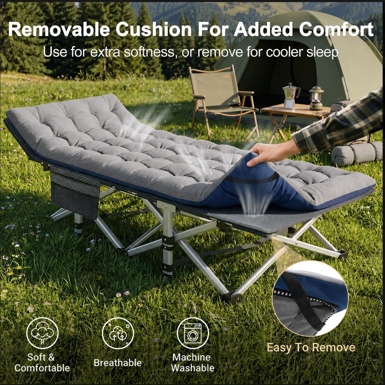 ABORON XXL Camping Cot for Adults, Oversized 78"×32" Folding Camping Bed, 900LBS Heavy Duty Outdoor Sleeping Cot with Mattress Pad, 1200D Oxford, Portable with Carry Bag