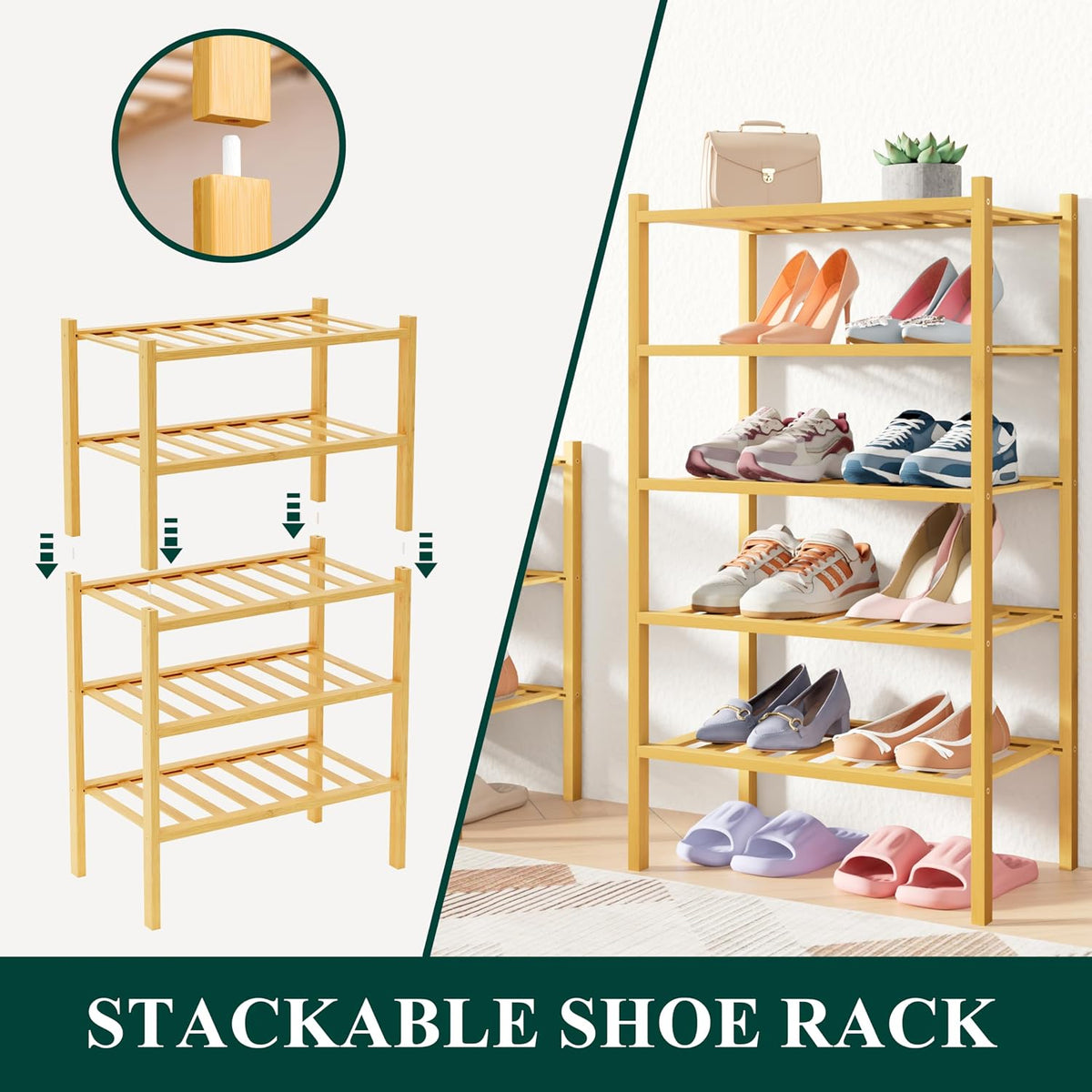 Smiry Bamboo Shoe Rack for Closet, 2 Tier - 17.32" Wide, Natural