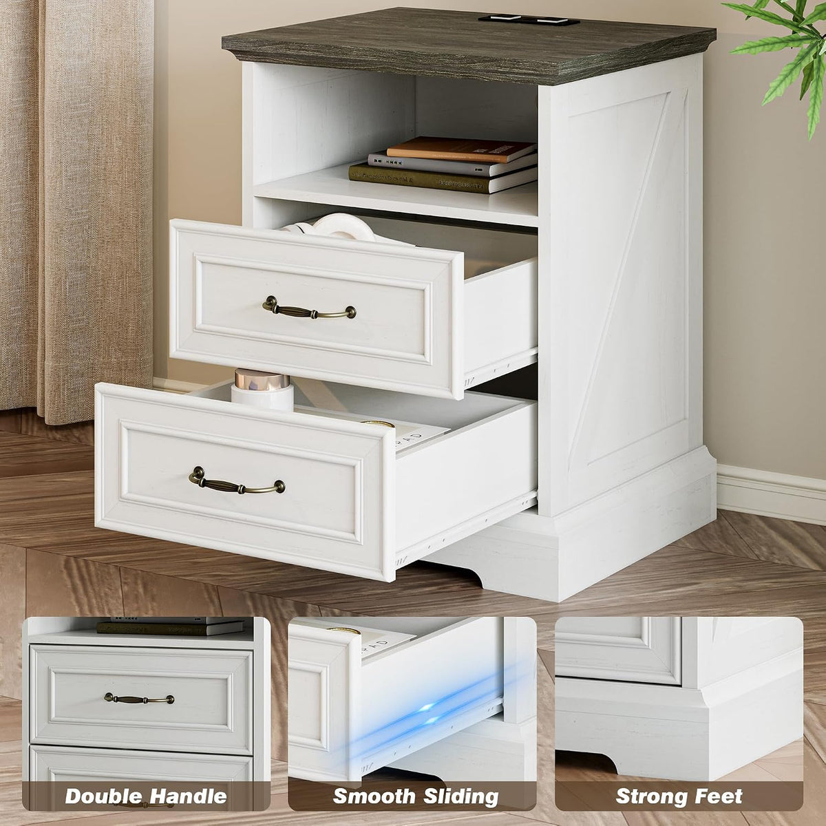 Xixini Tall Nightstand with Charging Station, Farmhouse White Bedside Table