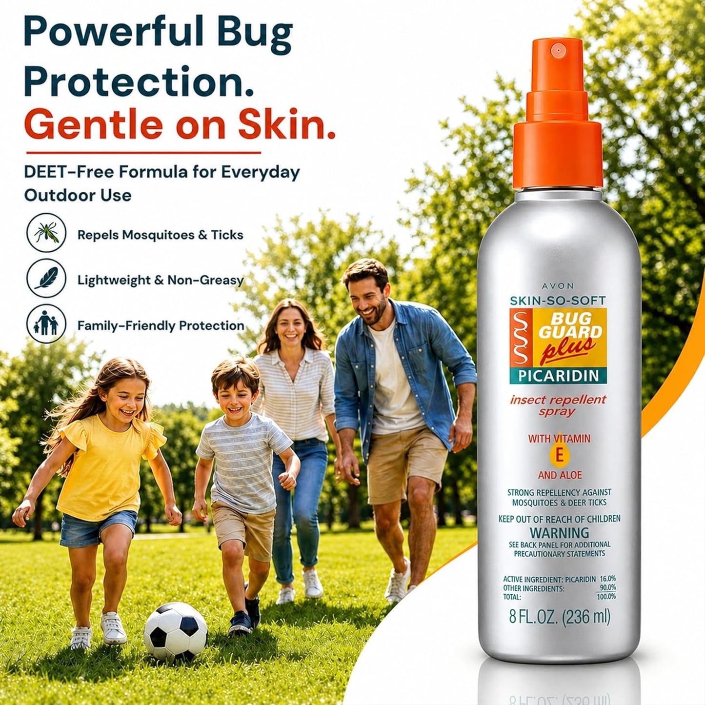 AVON Skin So Soft Bug Guard Plus Picaridin Insect Repellent Spray — Long-Lasting, DEET-Free Family Size Pump Spray with Vitamin E & Aloe — Non-Greasy, Travel-Ready Bug Repellent for Families, 8 fl oz
