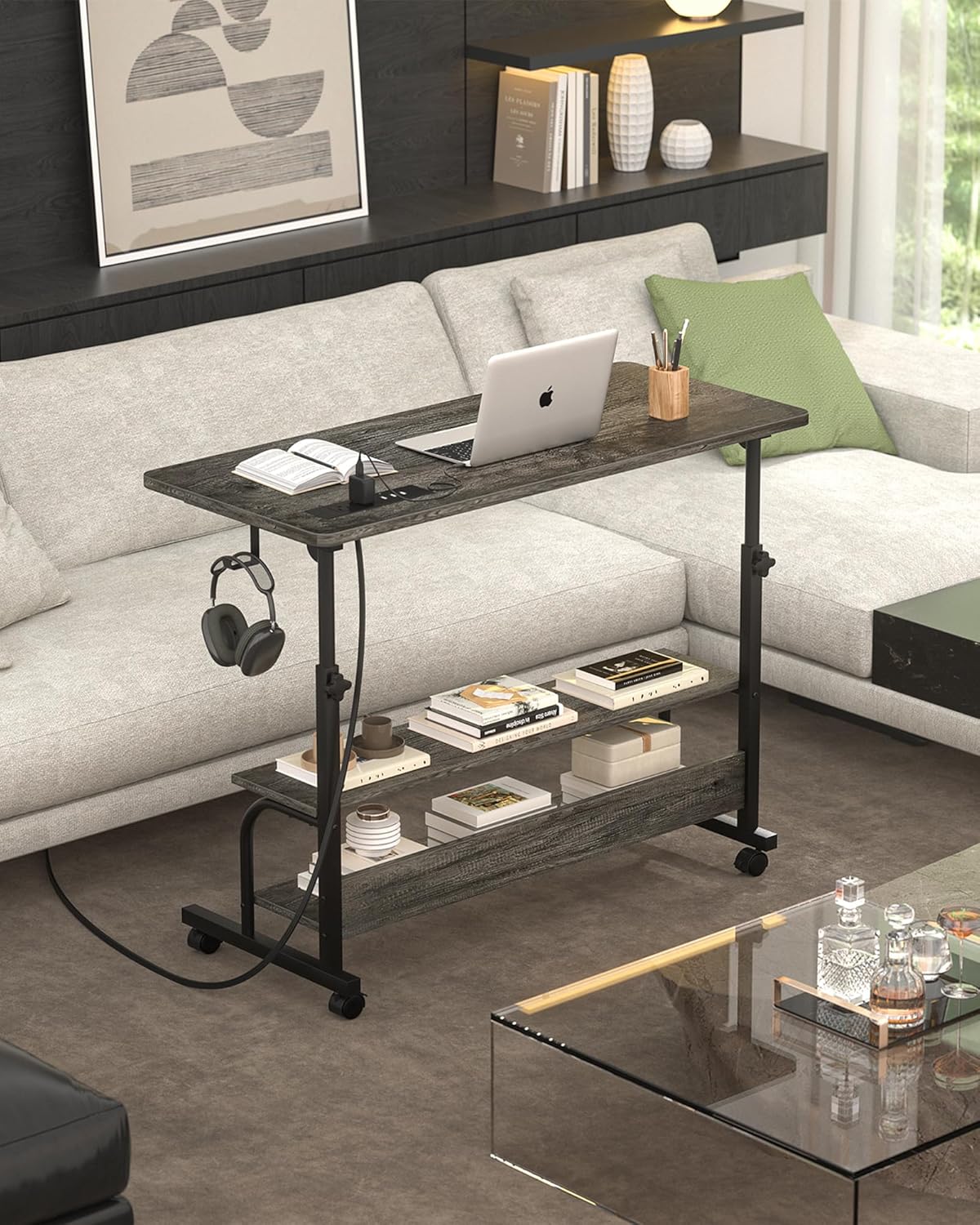 Armocity Rolling Standing Desk with Charging Station, Portable Height Adjustable Mobile Computer Desk with Wheels & 2-Tier Shelves & Hooks, Easy Assembly Laptop Table for Couch Bed, 32" Grey Oak