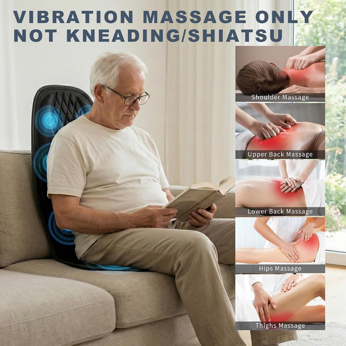 Vibration Massage Seat Cushion with Heat, 8-Motor Chair Massager Pad with Manual Adjustable Lumbar Support, 9 Modes, 3 Intensities and 20-Min Auto Shut-Off for Office Chair, Sofa and Recliner