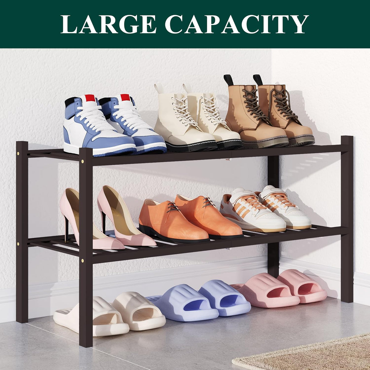 Smiry Bamboo Shoe Rack for Closet, 2 Tier - 26.77" Wide, Brown
