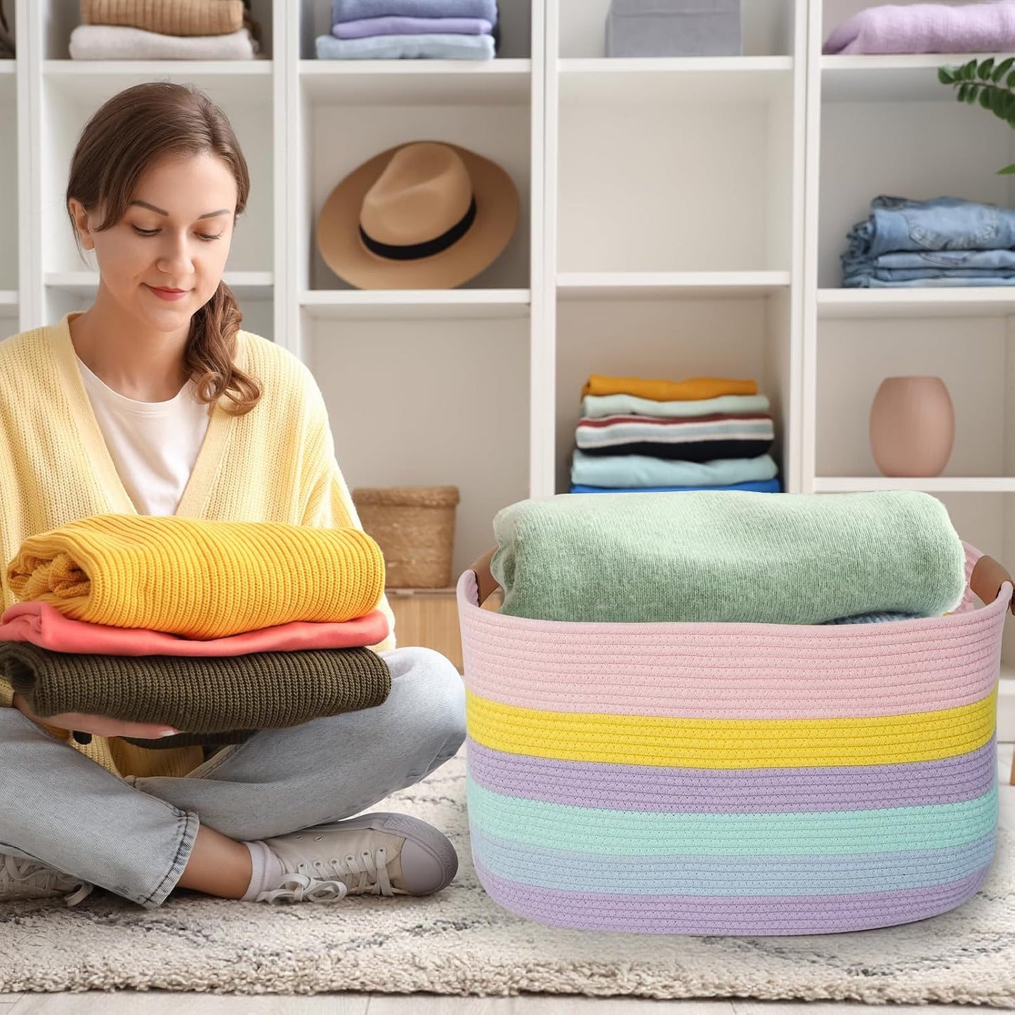 danpinera Large Laundry Basket, 108L Rectangle Woven Baskets for Storage for Living Room, Laundry, Nursery, Pillows, Baby Toy chest, Blanket Storage with Leather Handle, 25’’*16’’*16’’ Rainbow