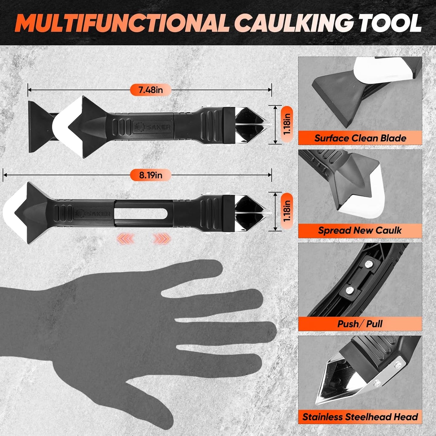 Saker Silicone Caulking Tool 3-in-1 Grout Removal Tool and Sealant Finishing Scraper with Stainless Steelhead, Caulk Remover and Seam Repair Kit for Bathroom, Kitchen, Floor, Window and Sink Joints