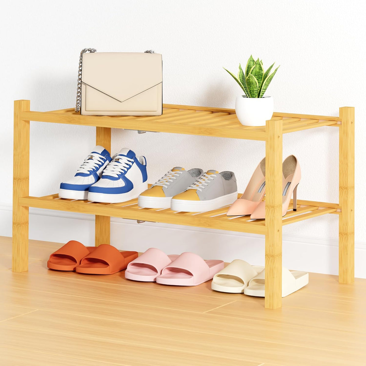 Smiry Bamboo Shoe Rack, 14 Vertical Slats, 2 Tier - 26.8" Wide, Natural