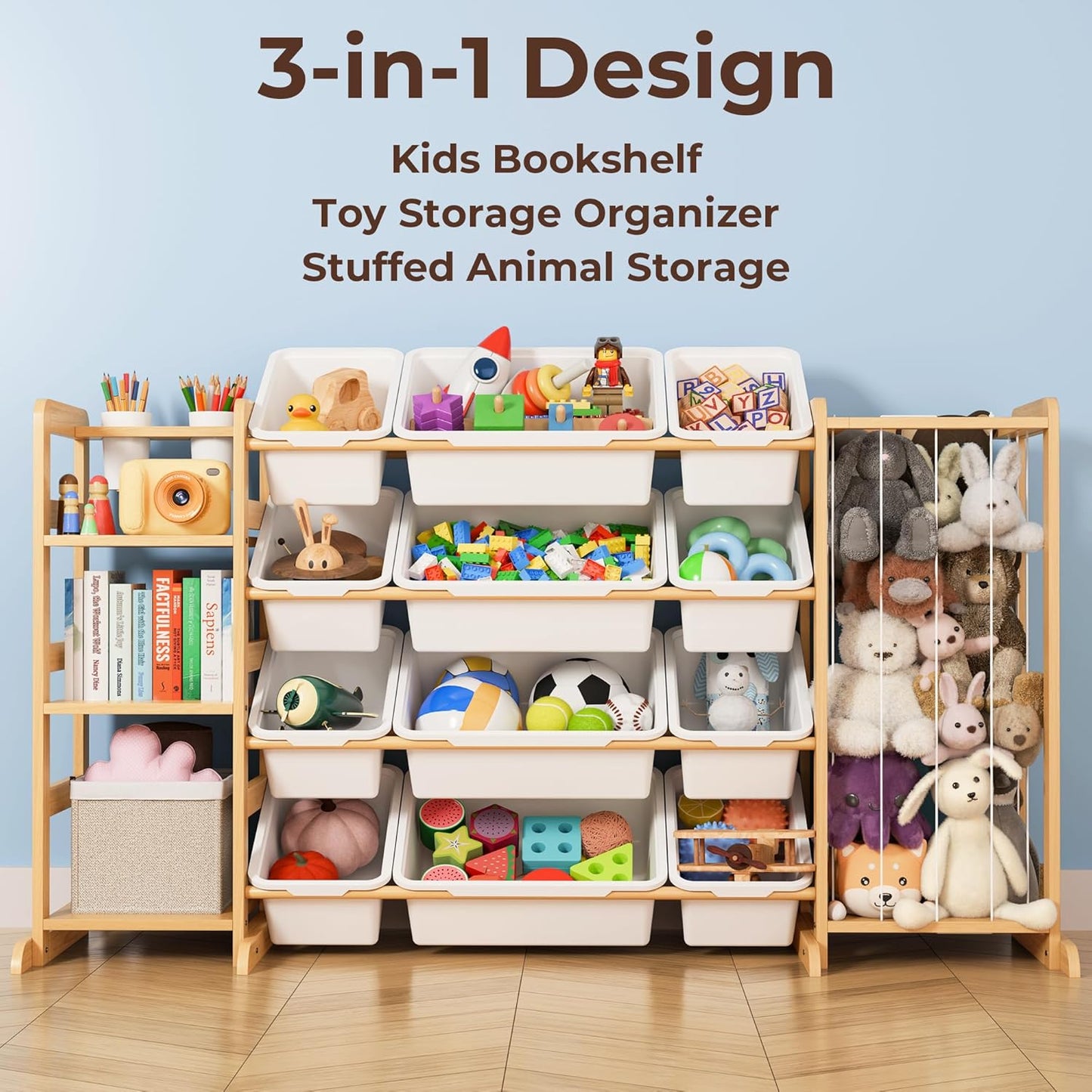 Toy Storage Organizer with Bookshelf and Stuffed Animal Storage - Kids Playroom Organization with Shelves and 12 Toy Bins - Toddler Living Room Toy Box for Lego - Nursery Bedroom Decor Essential