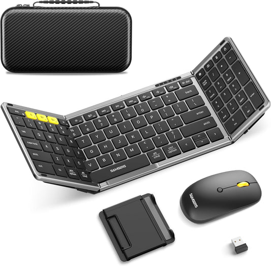 Foldable Keyboard and Mouse, Samsers Folding Bluetooth Keyboard Combo, 2.4G + BT5.0 x 2, Full-Size Portable Travel Keyboard & Rechargeable Wireless Mouse for Windows Android iOS Mac OS, Gray Black