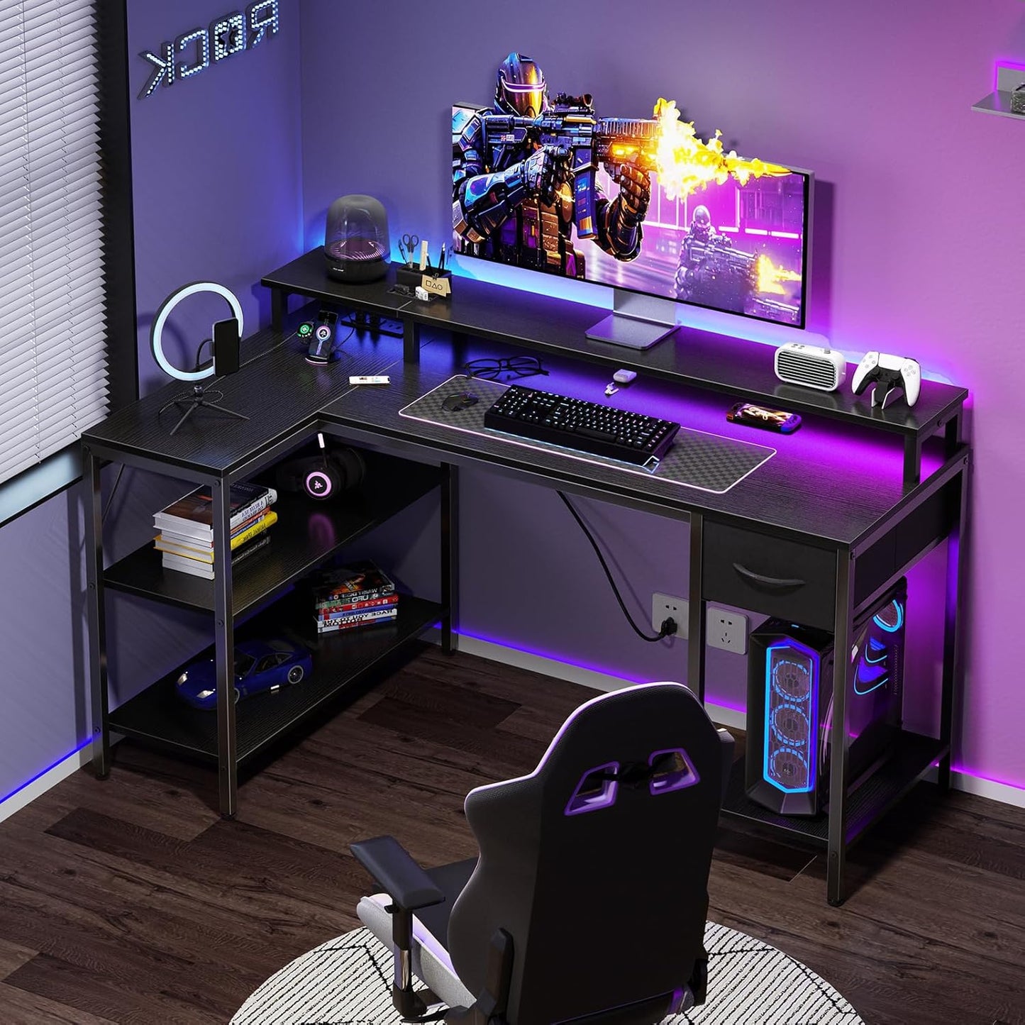 DUMOS 47” Gaming Desk with USB Charging Ports & LED Lights, Reversible L Shaped Desks Computer Corner Gamer Table with Power Outlets Monitor Stand Storage Shelves for Home Office Small Space, Black