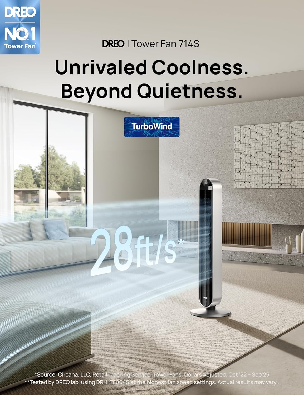 DREO Tower Fan for Bedroom, 42 Inch 120° Oscillating Fan, 20dB Quiet DC Motor, 28ft/s Velocity Bladeless Standing Fan with 12 Speeds, 4 Modes, 12H Timer Cooling Fans for Home, Living Room