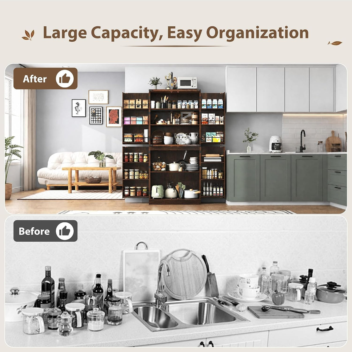 71" Tall Kitchen Pantry Cabinet, Farmhouse Tall Kitchen Storage Cabinet with Adjustable Shelves & 4 Barn Style Doors, Wooden Storage Cabinet for Kitchen, Dining Room, Living Room, Bathroom, Office