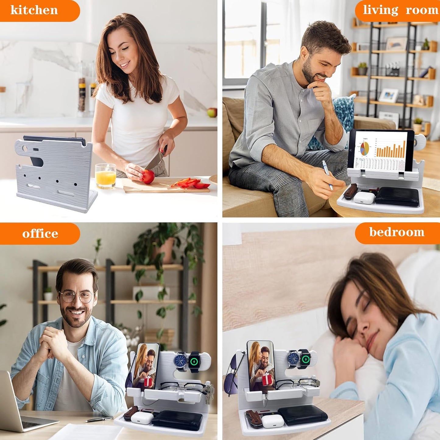 VEIYAILU Gifts for Women Girlfriend Him Men Dad Husband Boyfriend Nightstand Organizer Wood Phone Docking Station(White)