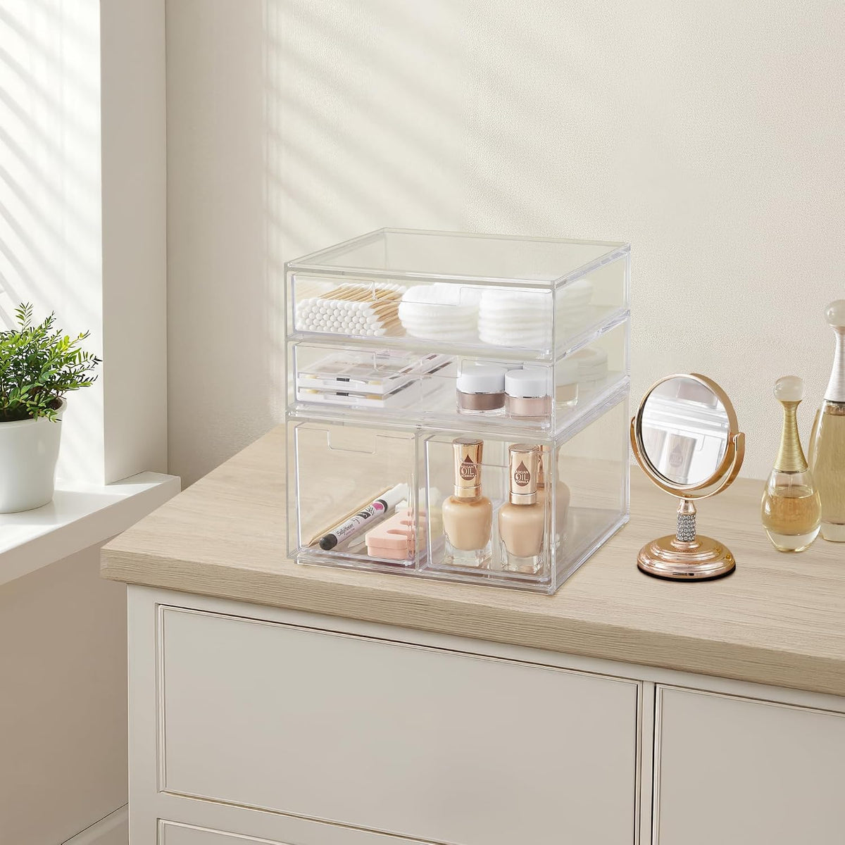 STORi Stackable Desk Organizer Drawers, Clear Pen Pencil Makeup Brush Holder for Desktops and Vanities, 4 Multi-size Drawers (Made in USA)