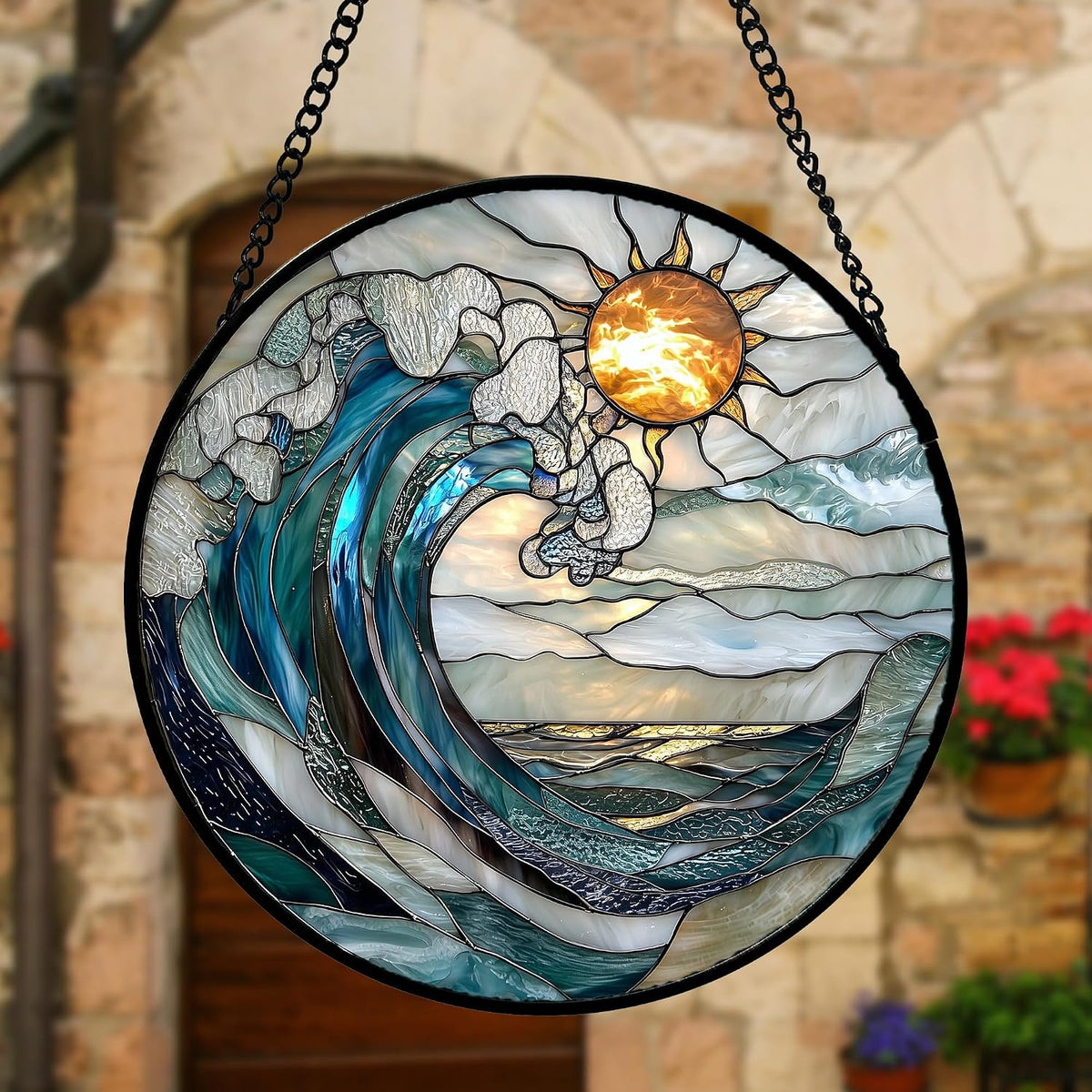 Blue and White Waves Stained Glass Window Hanging Suncatcher Gifts 12"