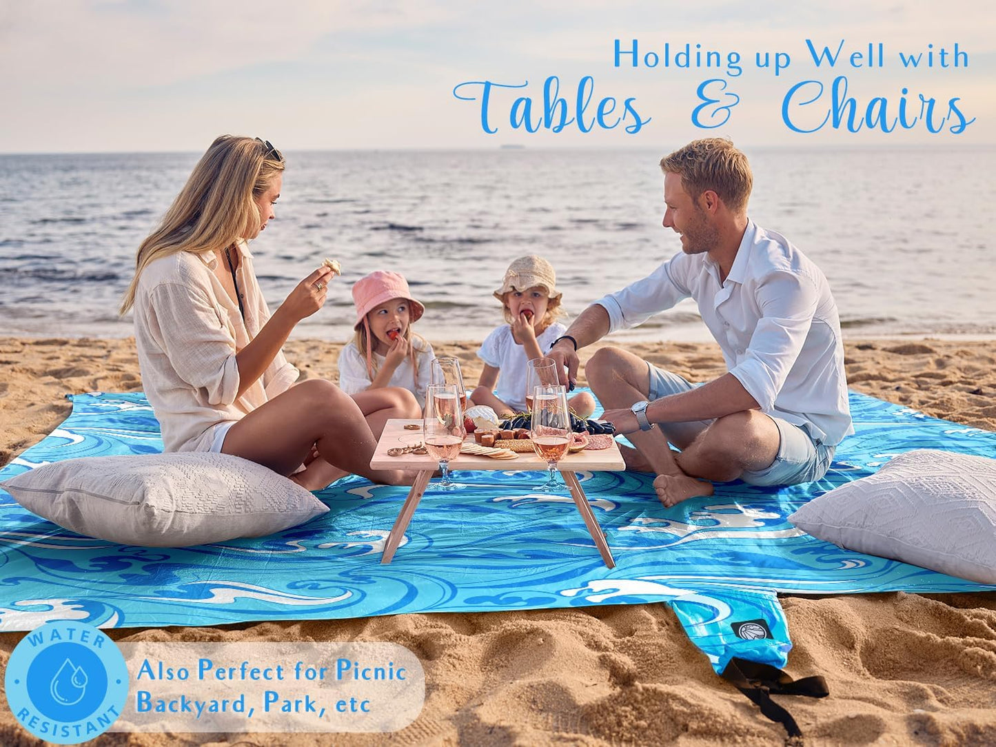 WEKAPO Beach Blanket Waterproof Sandproof Oversized Extra Large Sand Free Beach Mat with Stakes, Storage Bag - Essentials for Outdoor Beach, Picnic (Blue Ocean Waves, 8 X 7 FT (1~4 Person))
