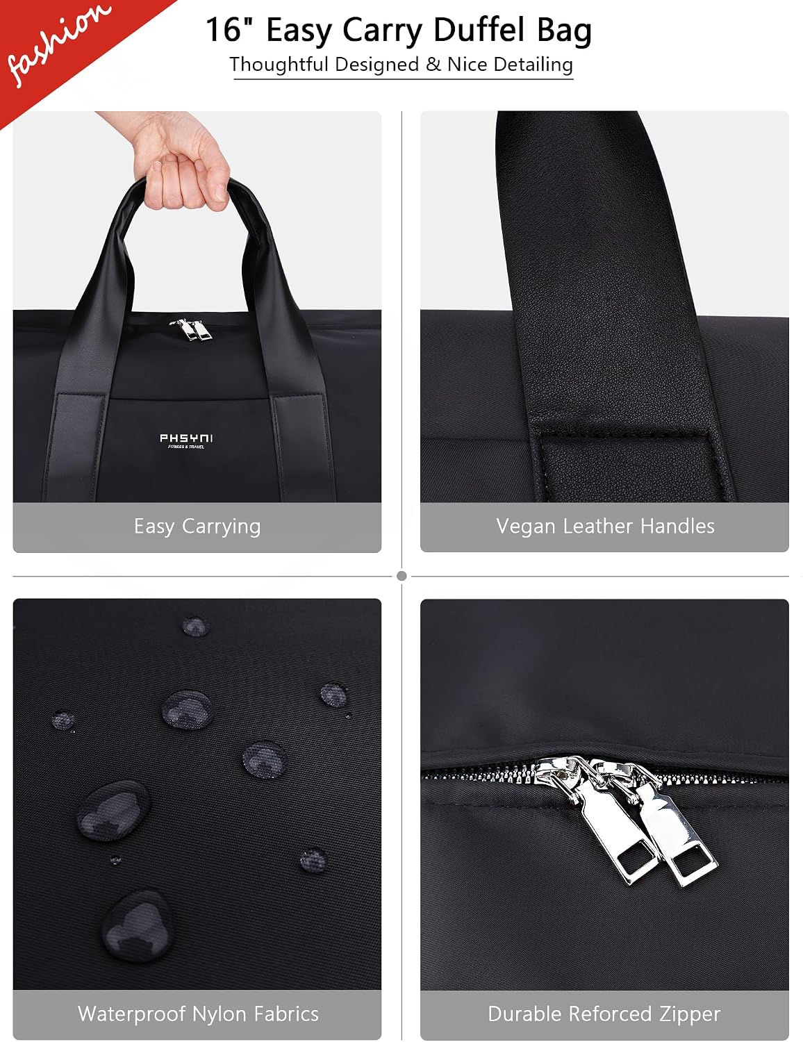 16" Gym Bag for Women,with Shoes Compartment and Waterproof Pocket(Black)