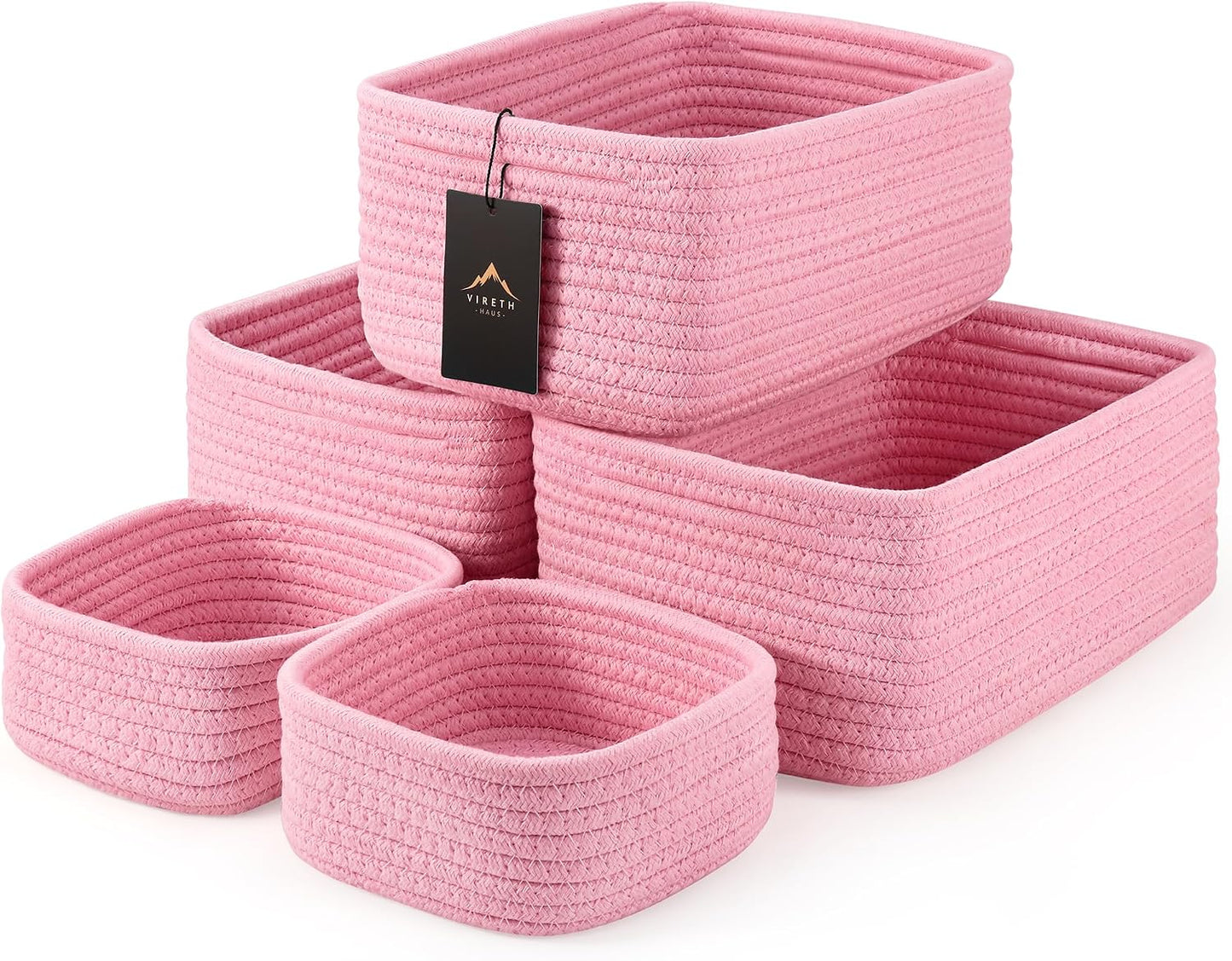 5-Pack Small Woven Rope Storage Baskets, 2 Sizes Organizer Bins | Fabric Cube Boxes and Rectangular Shallow Bins for Closet, Shelf, Bookshelf, Nursery, Changing Table, Bathroom, Toys & Home
