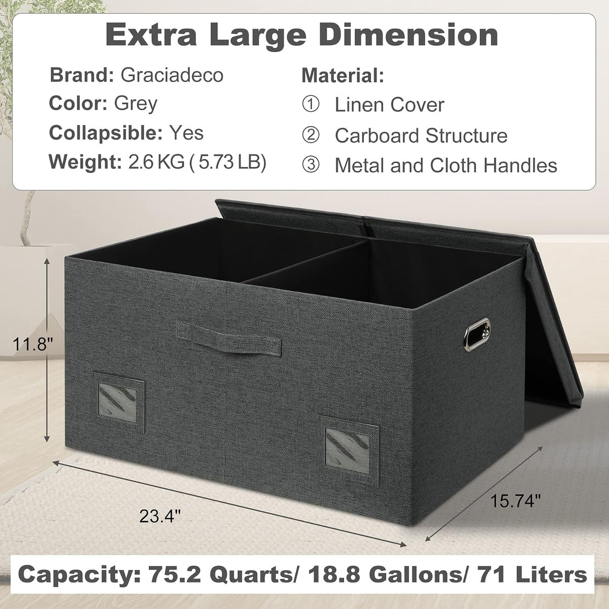 Graciadeco 75 Quarts Extra Large Decorative Storage Bins with Lids, 3 Packs Dark Gray Collapsible Storage Bins with Lids, Stackable Storage Bins Decorative Box Storage With Lid Extra Large