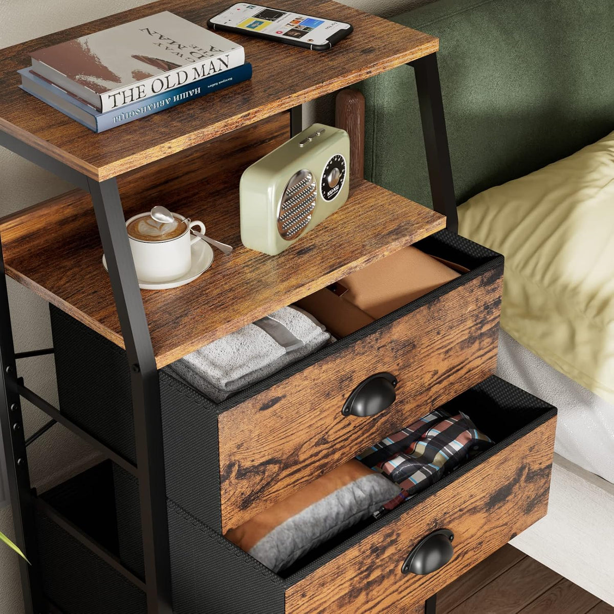 Furnulem Nightstand with 3 Fabric Drawers, Small Bedroom Storage Cabinet