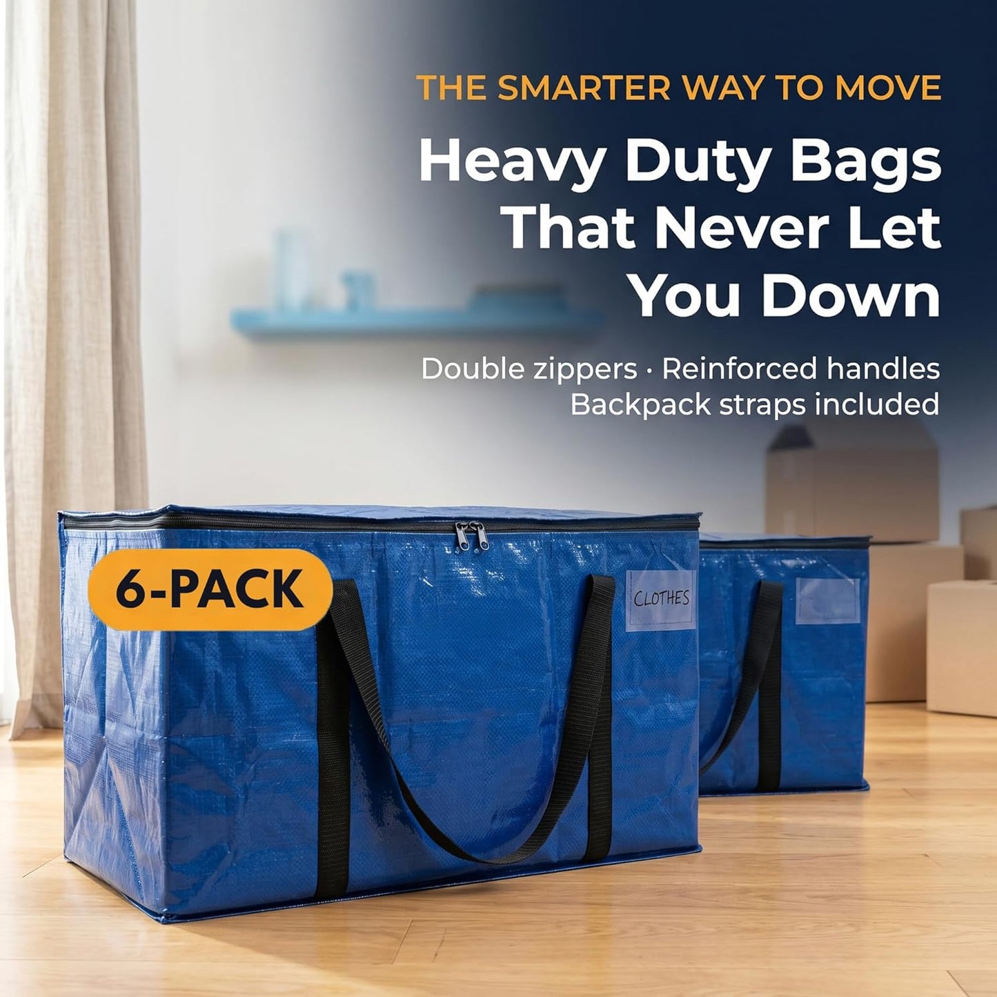 ClearSpace Heavy Duty Moving Bags - Water Resistant Storage Bags or Storage Bins with Lids and Moving Supplies - Large Moving Boxes for College Dorm, Travel, Closet Organization - 6 Pack